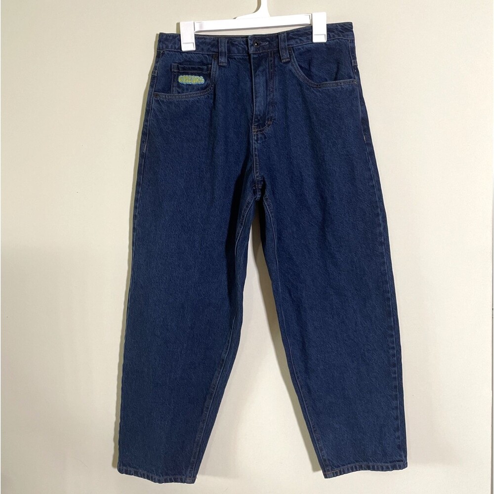 Empyre Men's Easy Now Baggy Skate Jeans 28 Dark Wash Blue Embroidered Streetwear